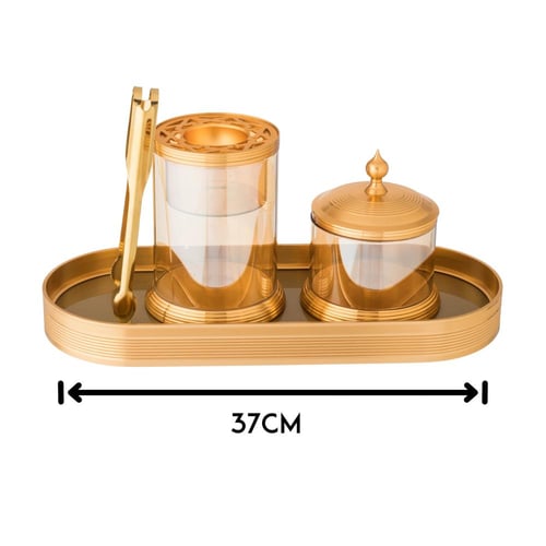 طقم مبخرة وعلب عود زجاج و معدن ذهبي مع تبسي وملقط