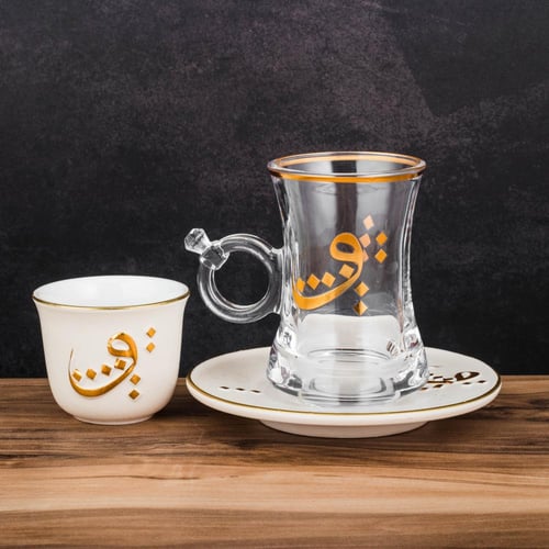 طقم فناجين شاي وقهوة زخاريف 18 قطعة بيج وذهبي 6 اش...