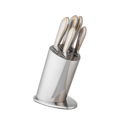 طقم سكاكين تقطيع استيل وذهبي مثلج 5 قطعة مع استاند