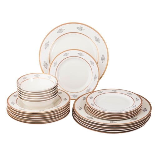 طقم عشاء بورسلان فاخر ابيض نقشات ناعمة وذهبي 24 قط...
