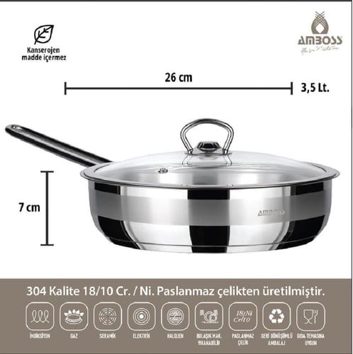 طاوة قلي استيل تركي 18/10 امبوس بغطاء زجاج مقاس 26...