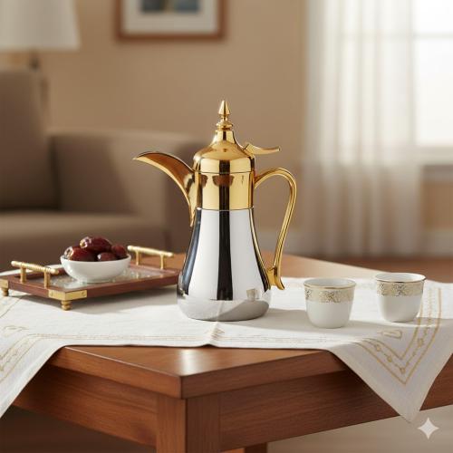 دلة قهوة سعودي فضي وذهبي 0.5 لتر من الداخل استيل