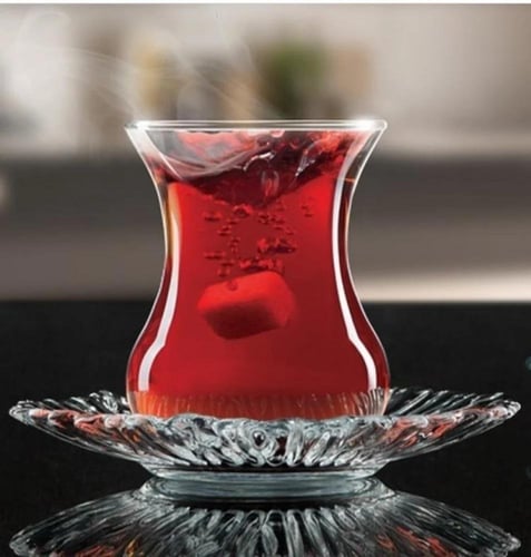 طقم كاسات شاي زجاج سادة 120 مل مع صحن محجر 12 قطعة...