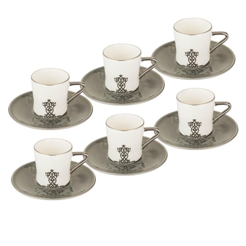 طقم قهوة تركي بورسلان ابيض وزيتي وفضي اوتانتيك 6 ا...