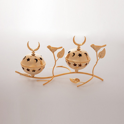 مبخرة معدن مزدوجة ديكور عصافير ذهبي