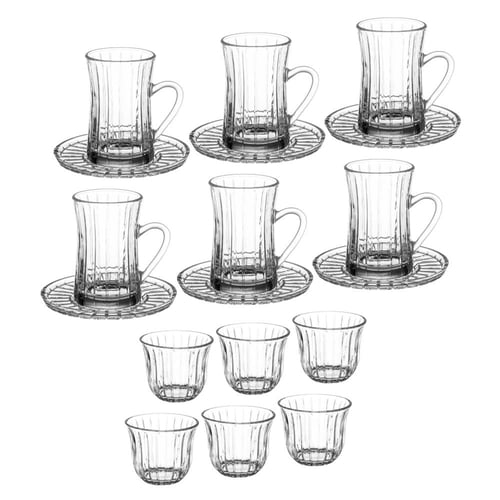 طقم كاسات شاي وقهوة زجاج مخطط سادة 18 قطعة
