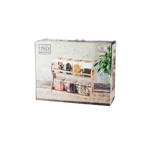 طقم علب سكر وشاي وبهارات زجاج مع استاند خشب