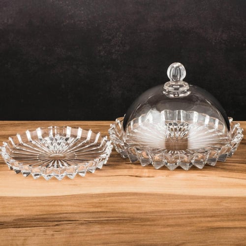 طقم تمريات وصحون حلا زجاج مخطط مقاس 13 سم بغطاء شف...