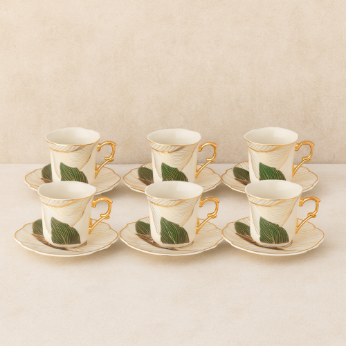 طقم فناجين قهوة تركي بورسلان فاخر اوراق الشجر بيج...