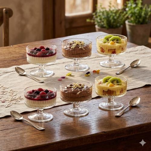 طقم زبادي ايسكريم وسلطات الفواكه زجاج مخطط 6 قطعة