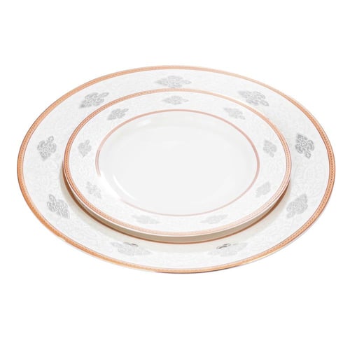 طقم عشاء بورسلان فاخر ابيض نقشات ناعمة وذهبي 24 قط...