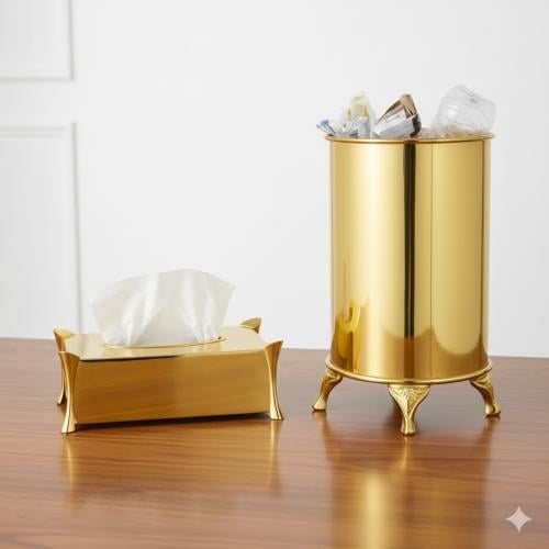 سلة وعلبة مناديل معدن ذهبي سادة برجول دمعة