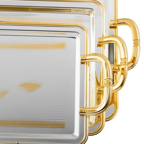 طقم صواني معدن مستطيل 3 قطعة فضي منقوش وذهبي