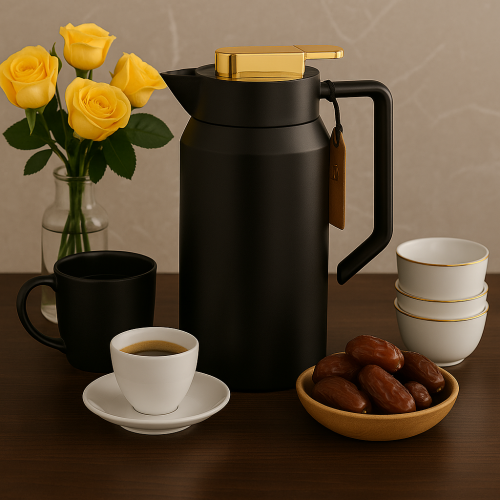 ترمس شاي وقهوة من شركة هوست 1 لتر اسود سادة وذهبي...