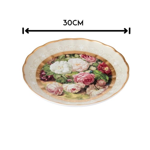 صحن فاكهة مدور دهبي لميع فاخر ورد جوري مقاس 30 سم