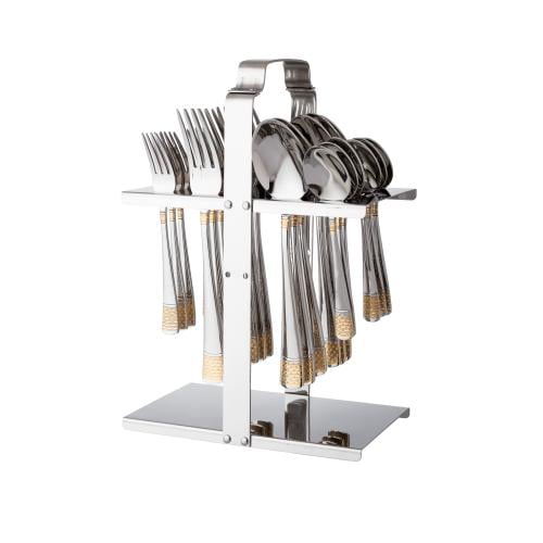 طقم ملاعق خدمة استل وذهبي 24 قطعة مع استاند