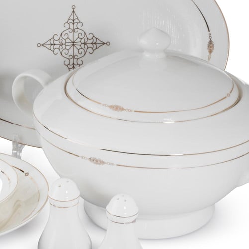 طقم عشاء بورسلان ابيض وذهبي مدور مزخرف 70 قطعة 6 ا...