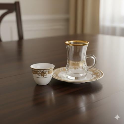 طقم شاي وقهوة تركي 18 قطعة بنقشات ذهبية