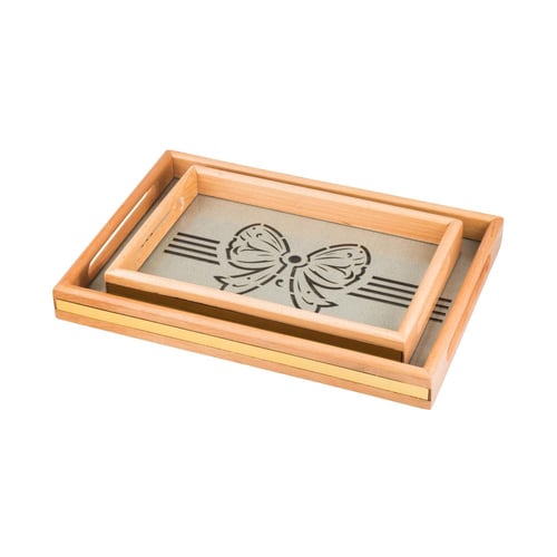 طقم صواني خشب 2 قطعة ارضية مزخرفة مع طبقة عازلة اك...