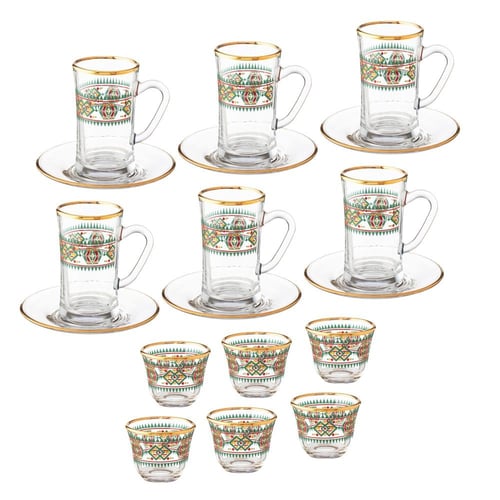 طقم شاي وقهوة زجاج بنقشات تراثية 18 قطعة ذهبي