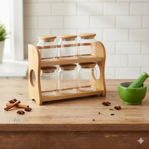 طقم علب بهارات زجاج مع استاند خشب 6 قطعة 2 دور