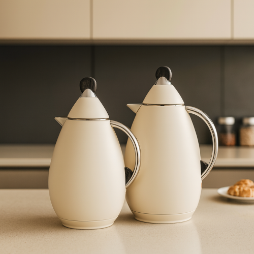 طقم ترامس شاي وقهوة 2 قطعة ابيض فضي من الداخل زجاج