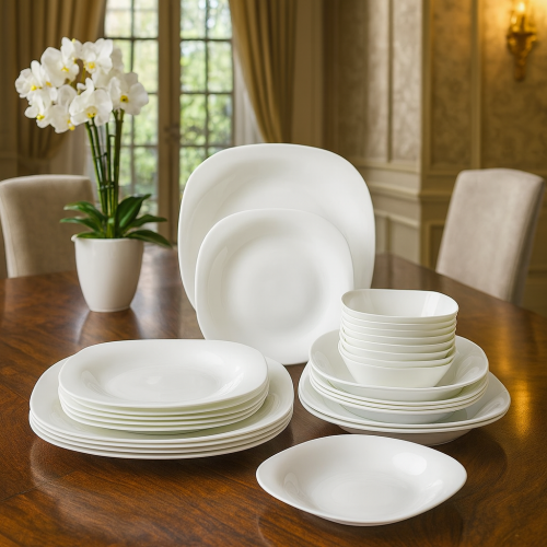 طقم عشاء اركوبال ابيض فاخر مربع 24 قطعة 6 اشخاص