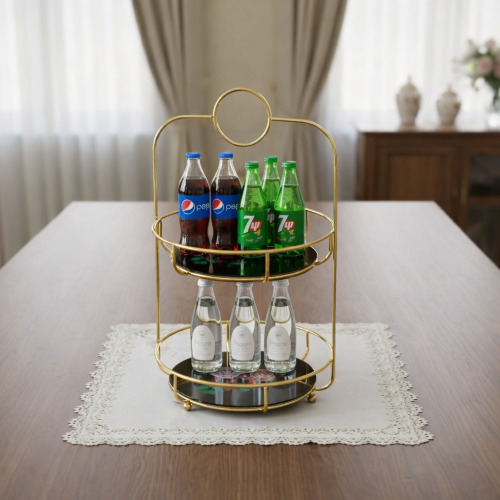 صحن تقديم زجاج اسود بحامل معدن ذهبي 2 دور