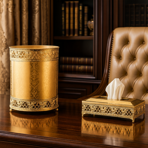 سلة وعلبة مناديل معدن ذهبي بزخرفات ناعمة