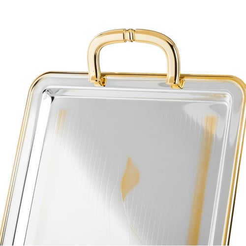 طقم صواني معدن مستطيل 3 قطعة فضي منقوش وذهبي