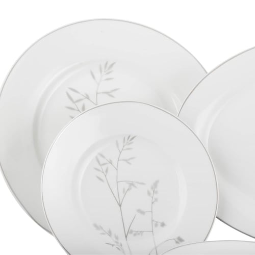 طقم عشاء بورسلان فاخر ابيض وفضي بنقشات ناعمة 49 قط...