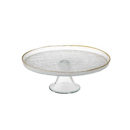 صحن تقديم الحلويات زجاج مدور مثلج وذهبي بقاعدة مقا...