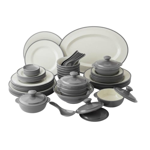 طقم عشاء ميلامين رمادي فاتح 57 قطعة 6 اشخاص