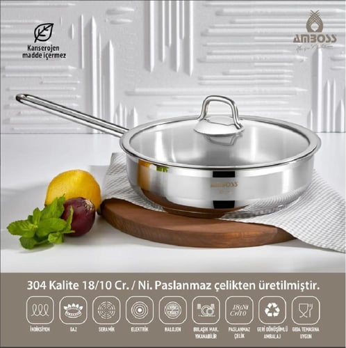 طاوة قلي استيل تركي 18/10 امبوس بغطاء زجاج مقاس 26...