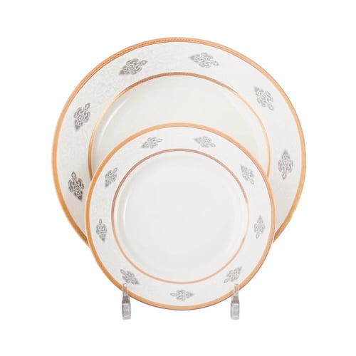 طقم عشاء بورسلان فاخر ابيض نقشات ناعمة وذهبي 24 قط...