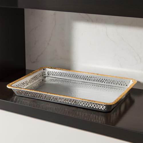صينية تقديم مستطيل معدن فضي وذهبي مقاس 45*35 سم