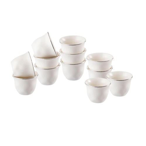 فناجين قهوة سعودي بورسلان ابيض وفضي مخطط 12 قطعة