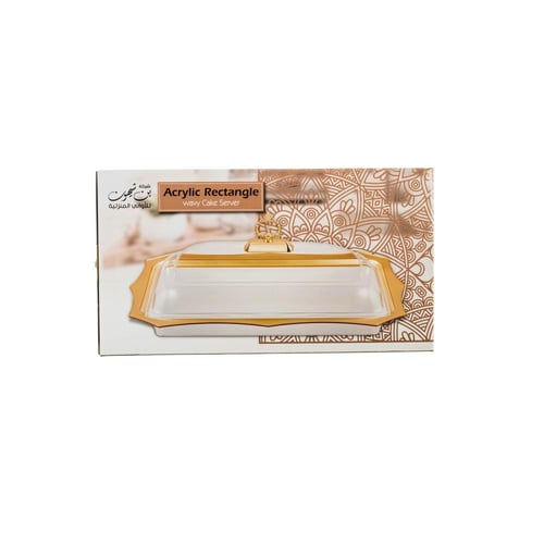 صحن كيك مستطيل اكريلك وذهبي شفاف بغطاء مقاس 50*27...