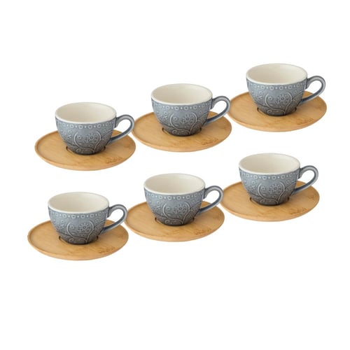 طقم فناجين قهوة تركي بورسلان فاخر رمادي منقوش بصحن...