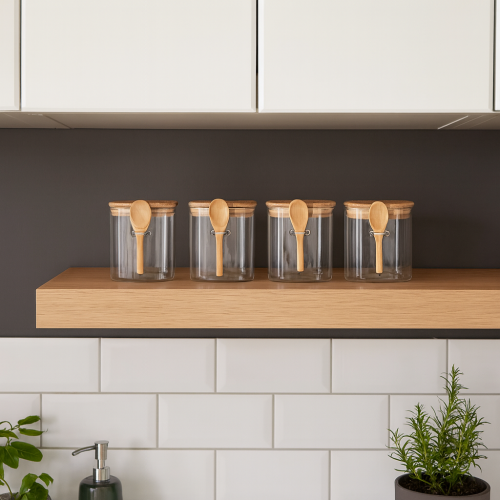 طقم علب بهارات زجاج بغطاء خشب 4 قطعة وملاعق