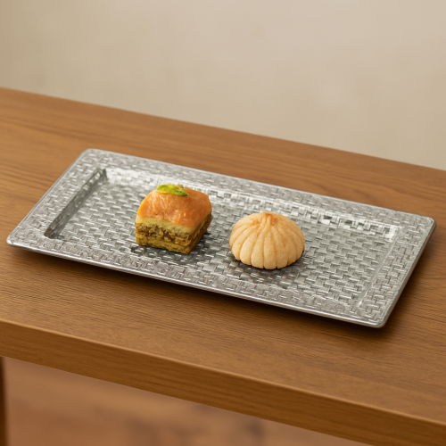 صحن تقديم معدن مستطيل فضي فاخر مقاس 35*18 سم