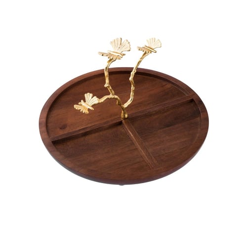 صحن مكسرات مقسم خشب هندي بحامل ذهبي