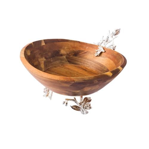 صحن حلويات خشب هندي بقاعدة معدن فضي