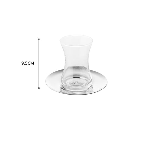 طقم كاسات شاي زجاج شفاف مع صحن معدن فضي 6 اشخاص