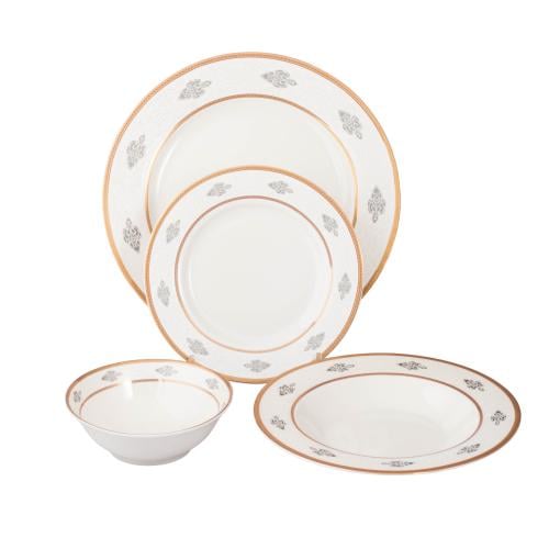 طقم عشاء بورسلان فاخر ابيض نقشات ناعمة وذهبي 24 قط...