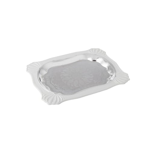 صحن تقديم معدن مستطيل فضي وابيض مفردة