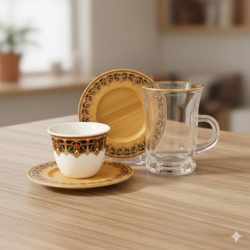 طقم فناجين شاي وقهوة 18 قطعة ذهبي صحن خشب