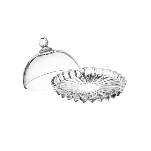 طقم تمريات وصحون حلا زجاج مخطط مقاس 13 سم بغطاء شف...