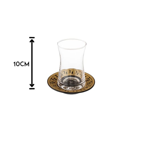 كاسات شاي زجاج شفاف بصحن اسود 12 قطعة