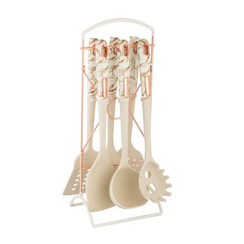 طقم ملاعق غرف سيلكون بمقبض بلاستيك ابيض وذهبي مع ا...